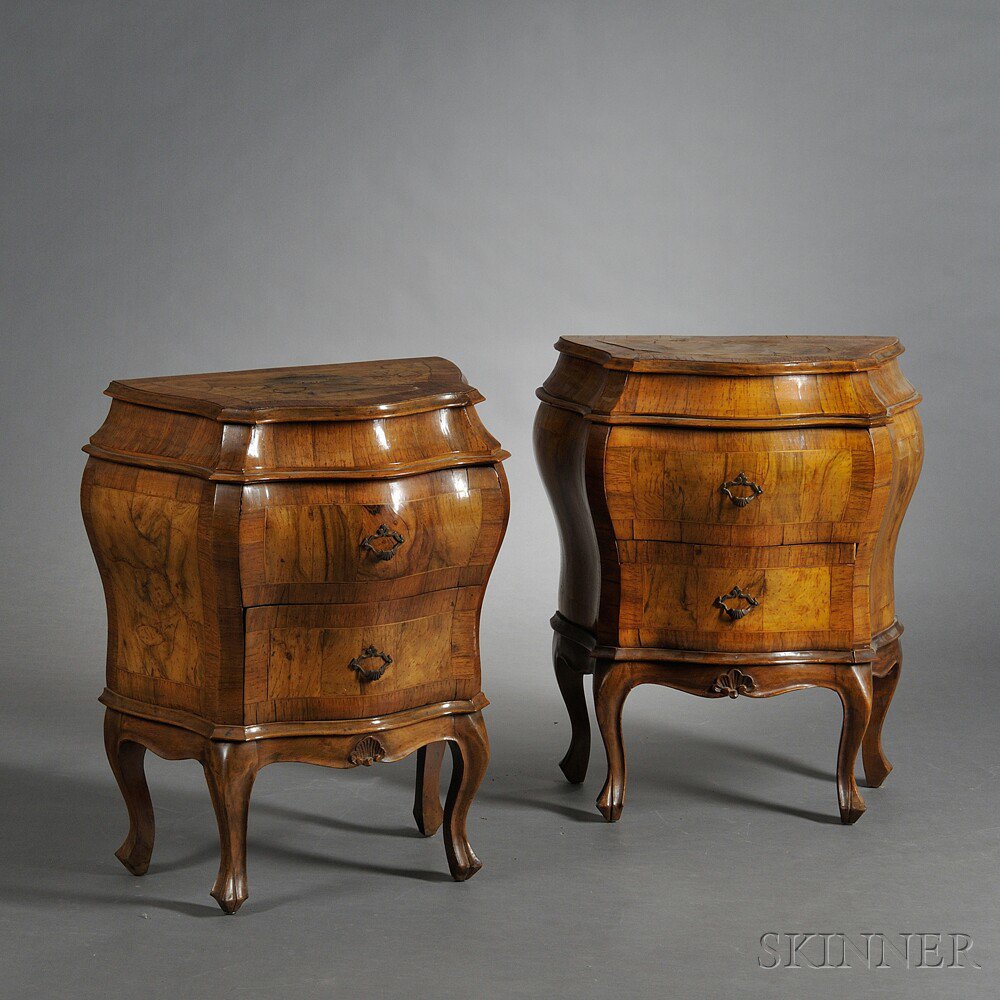 Appraisal: Pair of Baroque-style Olivewood-veneered Bomb Commodes Italy late th century