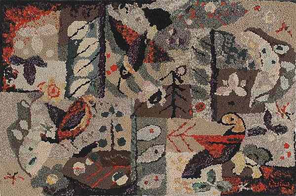 Appraisal: Colorful American hooked rug early th c depicting three hummingbirds