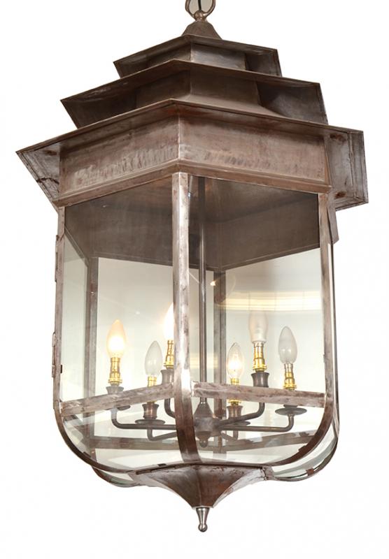 Appraisal: A BRUSHED METAL FRAMED PAGODA TOP LANTERN with a glazed