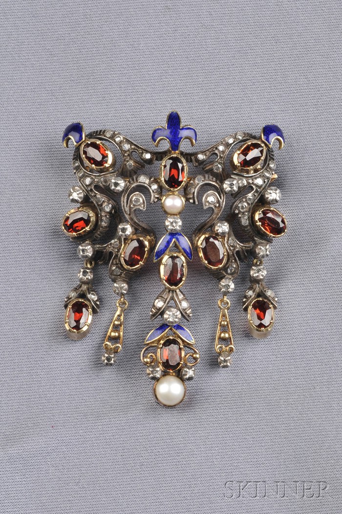 Appraisal: Enamel Pearl and Gem-set Brooch Pendant set with oval-shaped garnets