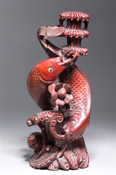 Appraisal: Antique Chinese carved hardwood koi statue with artist mark to