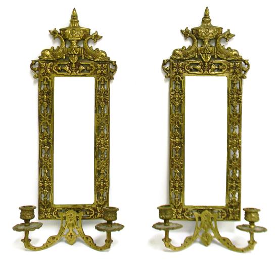 Appraisal: Pair Edwardian mirrored wall sconces c - pierced brass frames