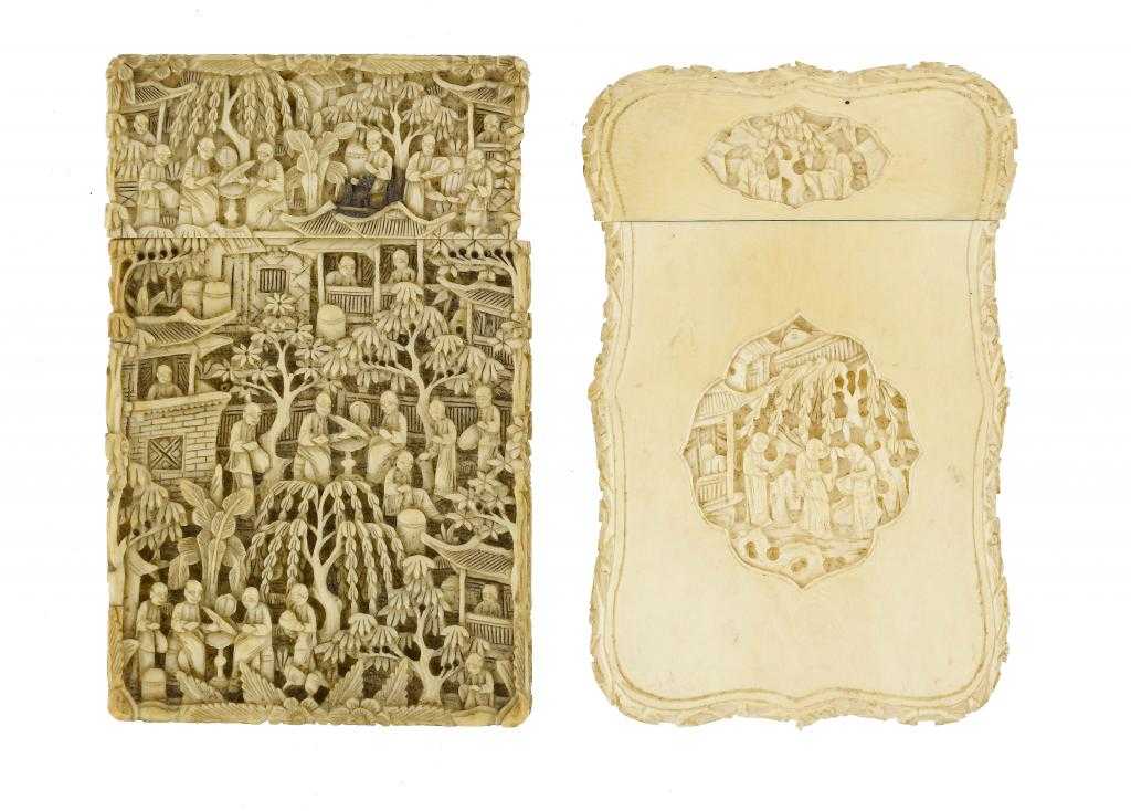 Appraisal: TWO CHINESE IVORY CARD CASES AND COVERS one carved to