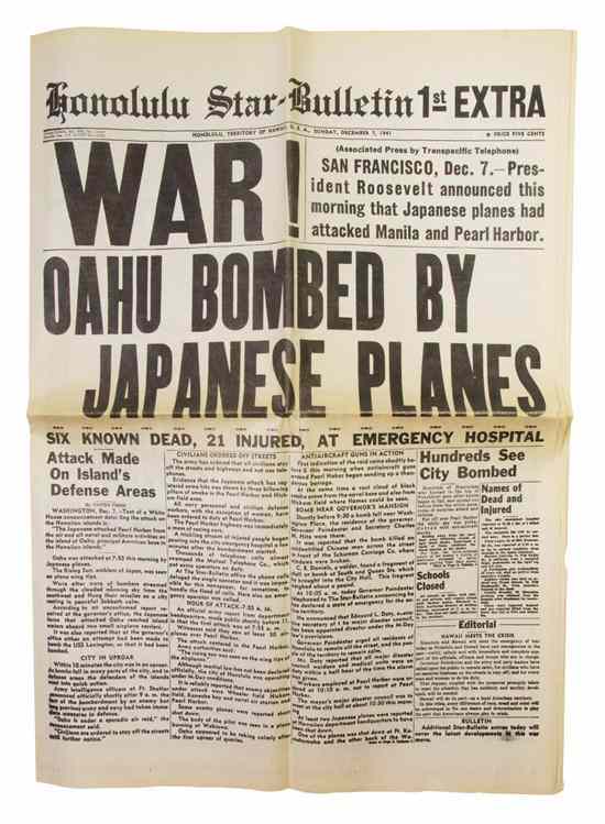 Appraisal: PEARL HARBOR HONOLULU STAR-BULLETIN Honolulu Star-Bulletin st Extra pages Issued