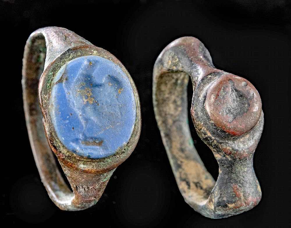 Appraisal: Pair of Roman Leaded Bronze Rings w Lapis Intaglio Rome