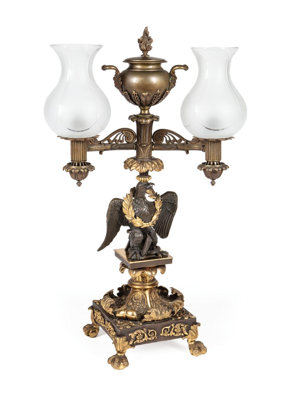 Appraisal: Fine English Gilt and Patinated Bronze Two-Light Argand Lamp c