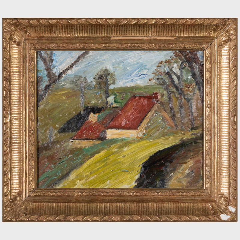 Appraisal: TH CENTURY SCHOOL LANDSCAPE WITH HOUSE Oil on board unsigned