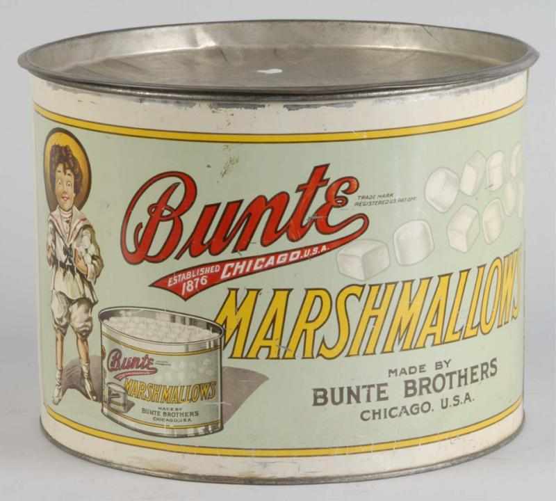 Appraisal: Tin Bunte Marshmallows Store Bin Description Original lid Light surface