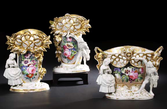 Appraisal: Large Franco-Bohemian Three-Piece Glazed and Parcel-Gilt Reticulated Porcelain and Biscuit