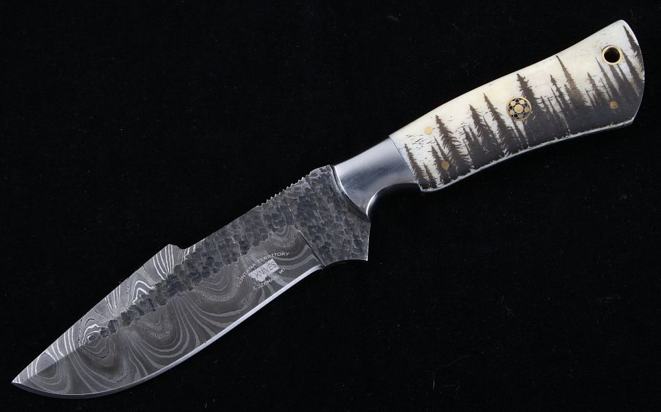 Appraisal: Montana Forest Scrimshaw Damascus Knife Bozeman This is an original