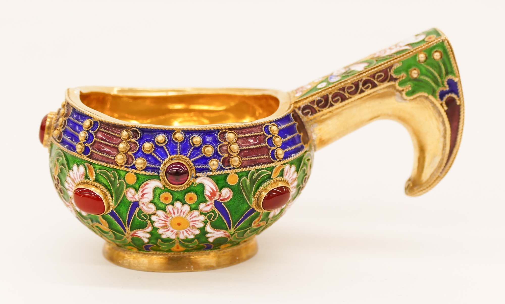 Appraisal: Russian Jeweled Enameled Silver Kovsh Cup ''x '' Polychrome enameled