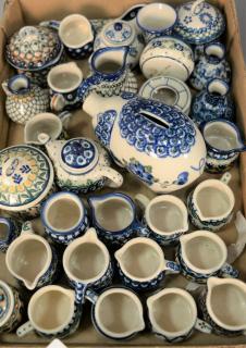 Appraisal: Tray lot of miniature handmade Polish pottery pieces including mugs