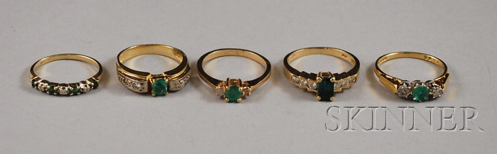 Appraisal: Five Gold Diamond and Green Gemstone Rings three in kt