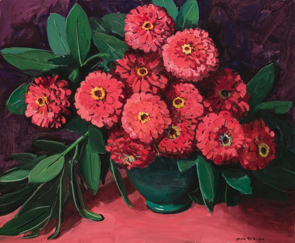 Appraisal: JANE PETERSON American - Red Zinnias oil on canvas signed