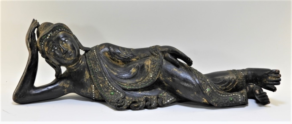 Appraisal: THAI CARVED WOOD SCULPTURE OF A RECLINING FEMALE Thailand Early