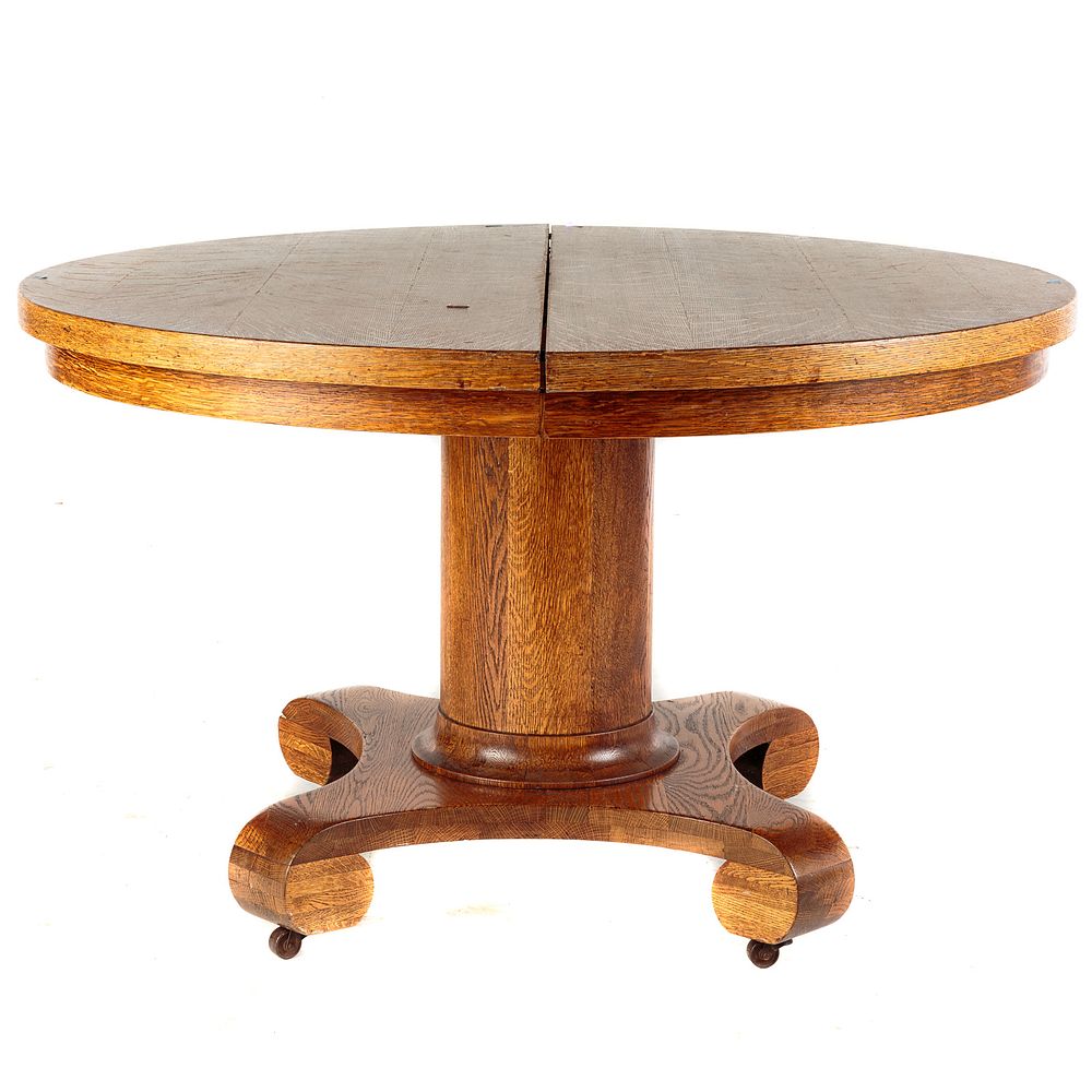 Appraisal: Empire Style Round Oak Pedestal Dining Table in H in