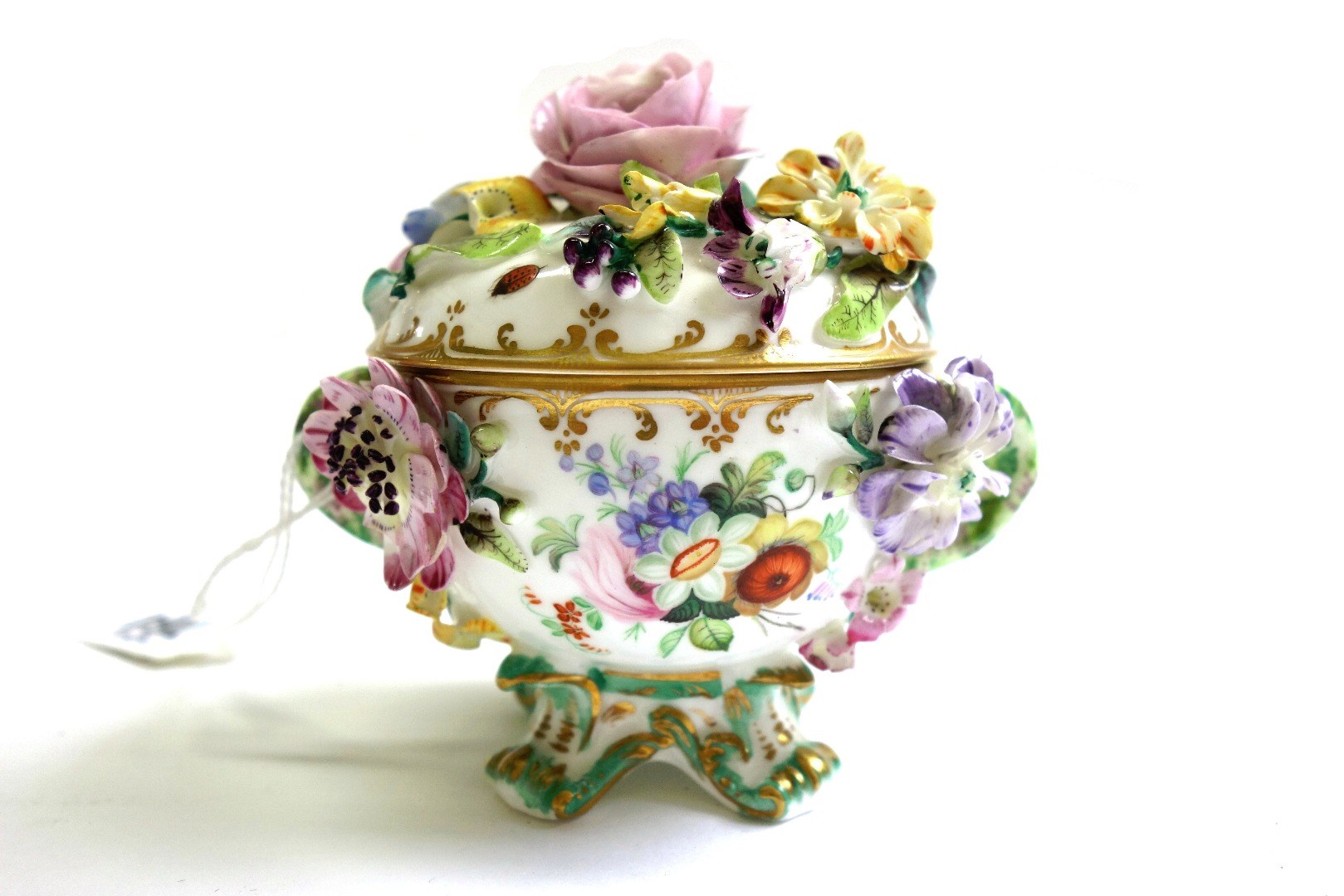 Appraisal: A flower encrusted porcelain two-handled circular bowl and cover Minton