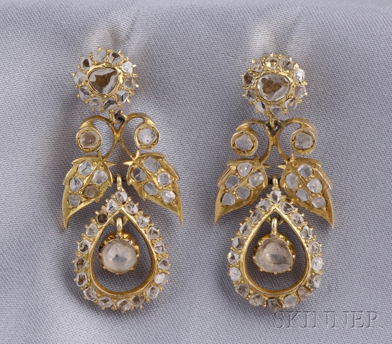 Appraisal: Rose-cut Diamond Earpendants each drop with foliate motifs set throughout