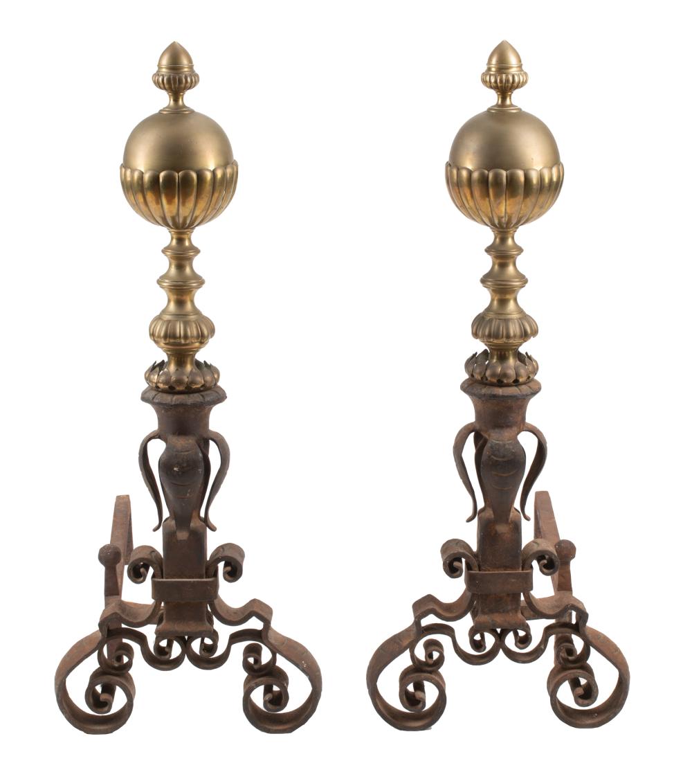 Appraisal: Pair of Large Continental Wrought Iron and Brass Andirons th