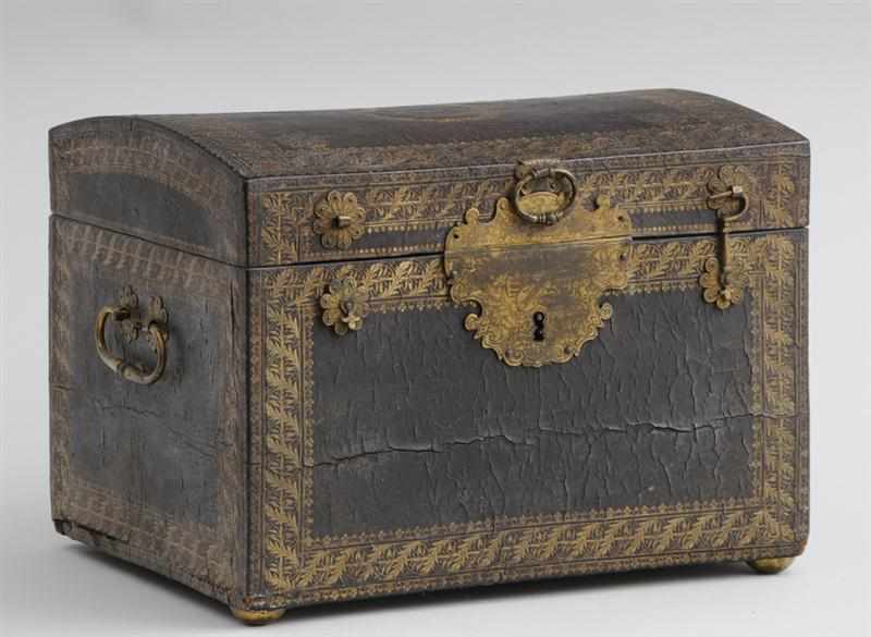 Appraisal: LOUIS XVI STYLE GILT-TOOLED LEATHER DOCUMENT BOX The hinged dome