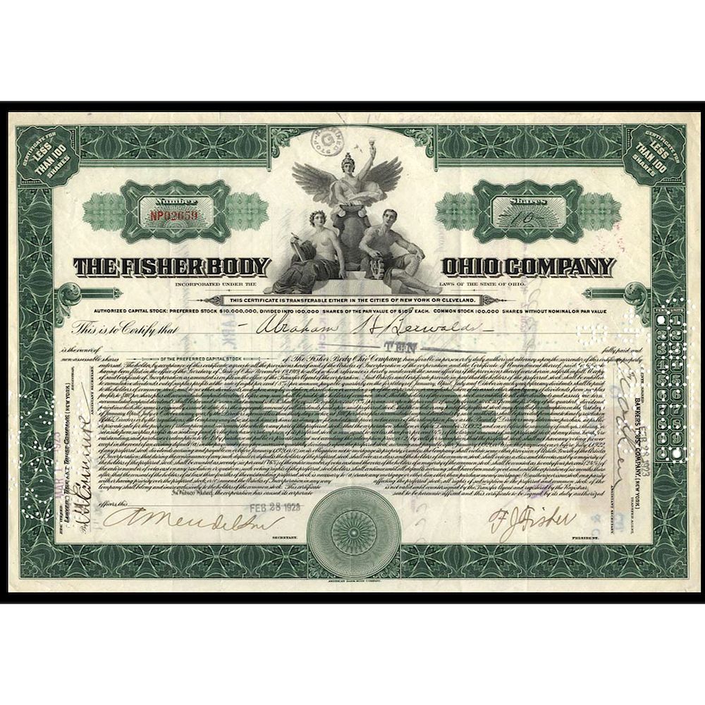 Appraisal: FREDERICK JOHN FISHER Signed Fisher Body Ohio Company Stock Certificate