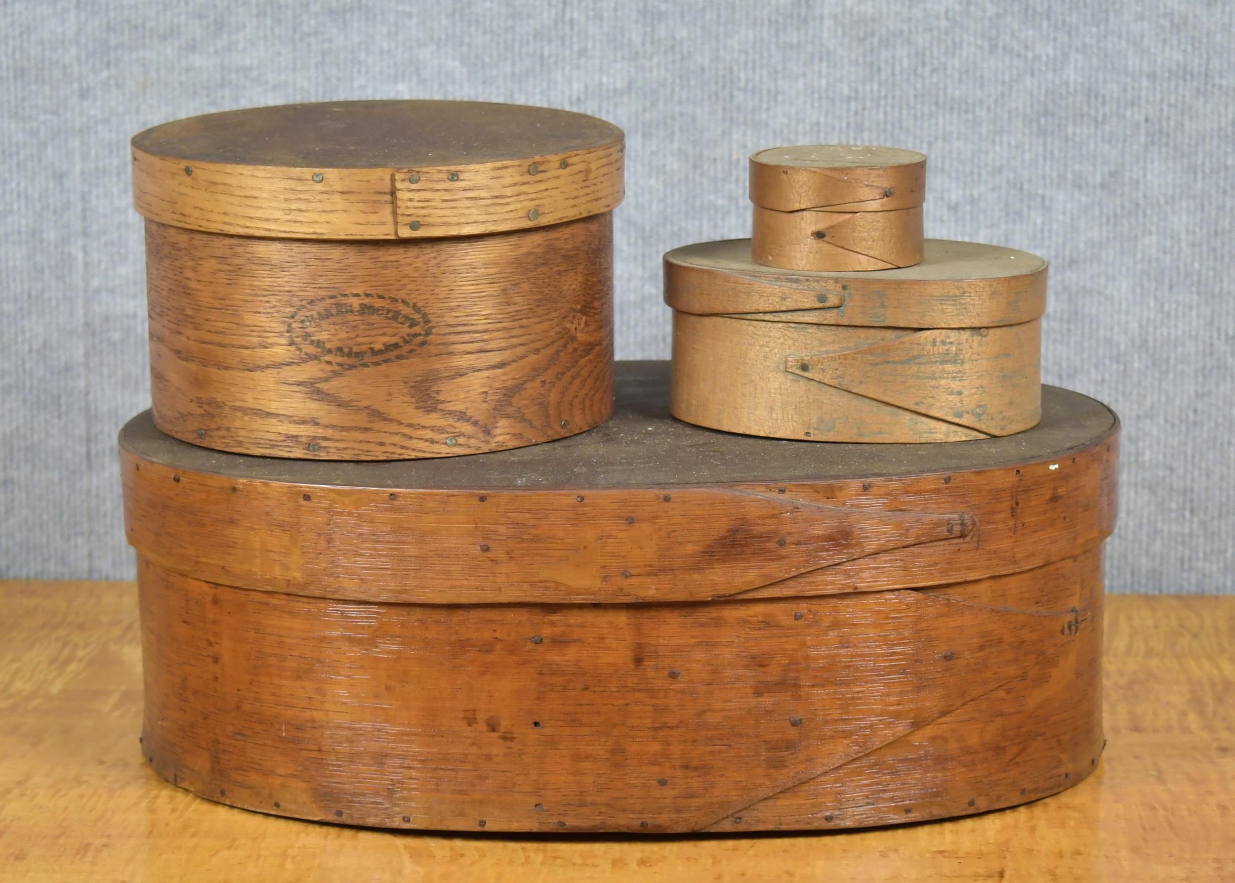 Appraisal: ANTIQUE SHAKER LAP BOXES Including th C large oval finger