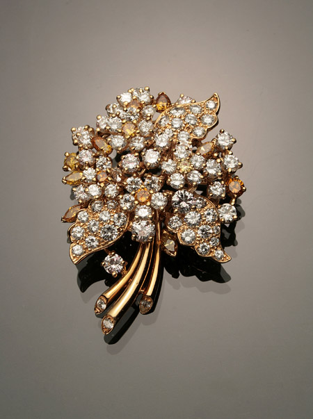 Appraisal: -Karat Yellow-Gold and Fancy Yellow to Yellow-Orange Diamond Floral Brooch