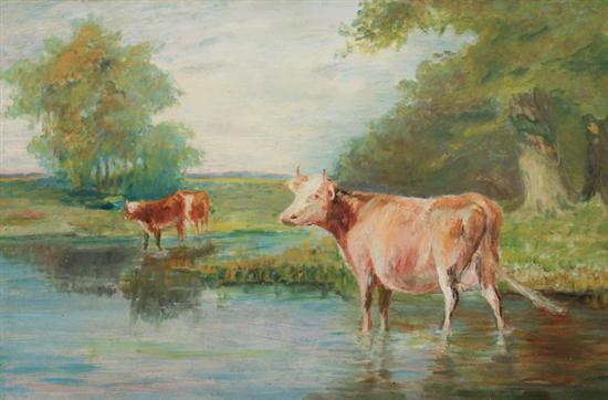 Appraisal: AMERICAN SCHOOL th century COWS AT NEW ENGLAND POND oil