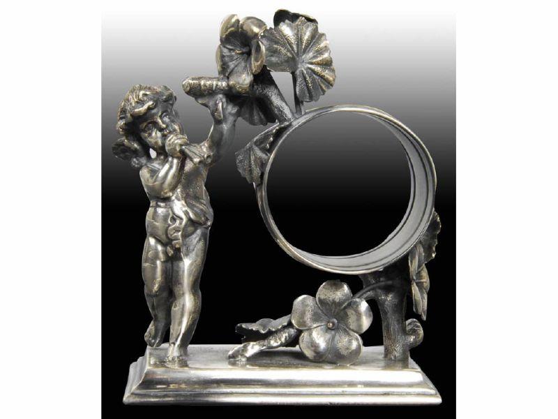 Appraisal: Winged Cherub with Horn Figural Napkin Ring Description Flower and