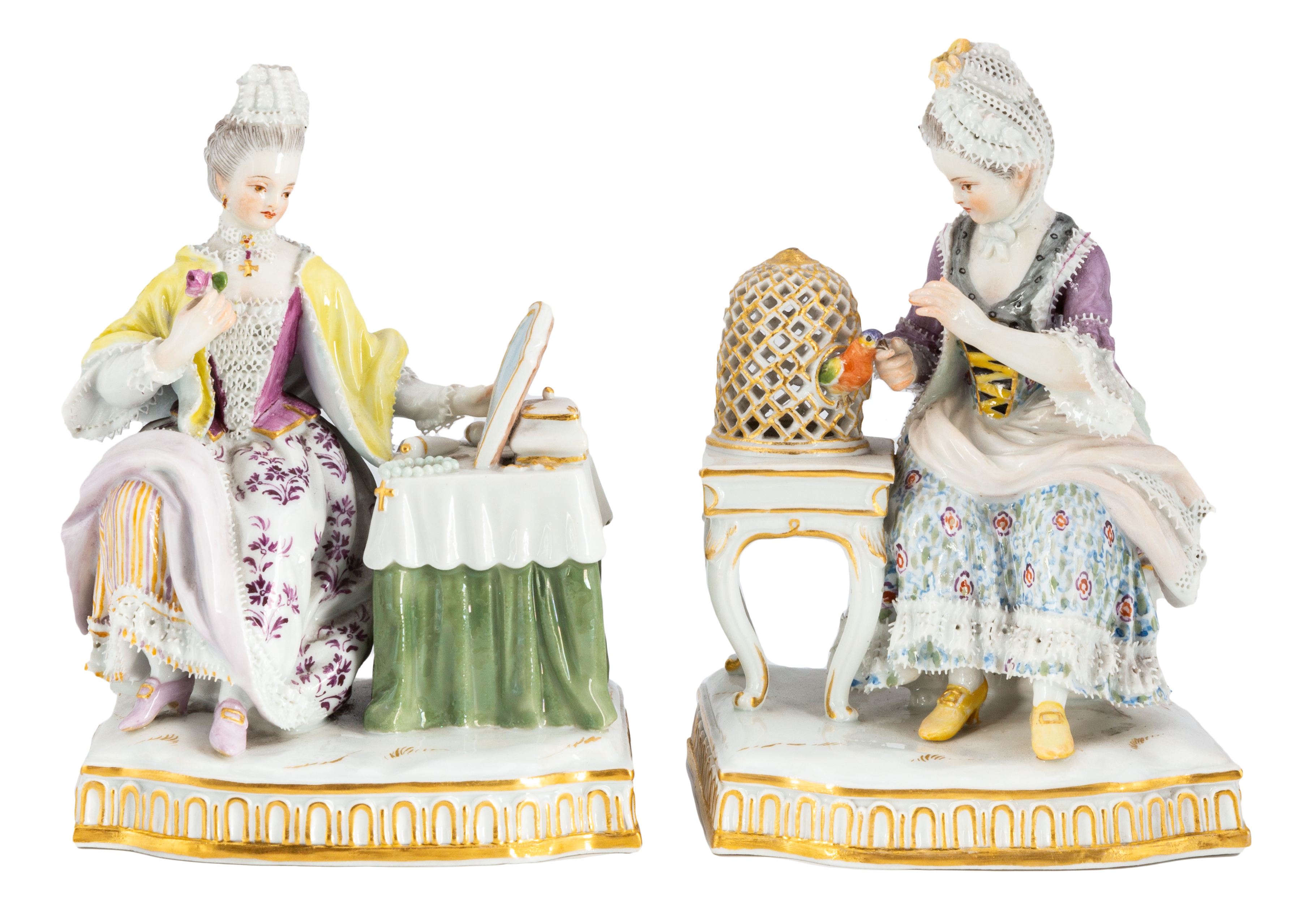 Appraisal: TWO MEISSEN FIGURINES OF SEATED LADIES th century Crossed swords