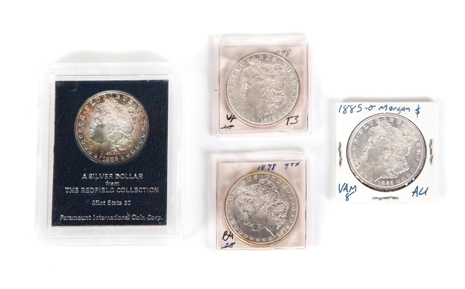 Appraisal: FOUR MORGAN SILVER DOLLARS -S from the Redfield Collection in