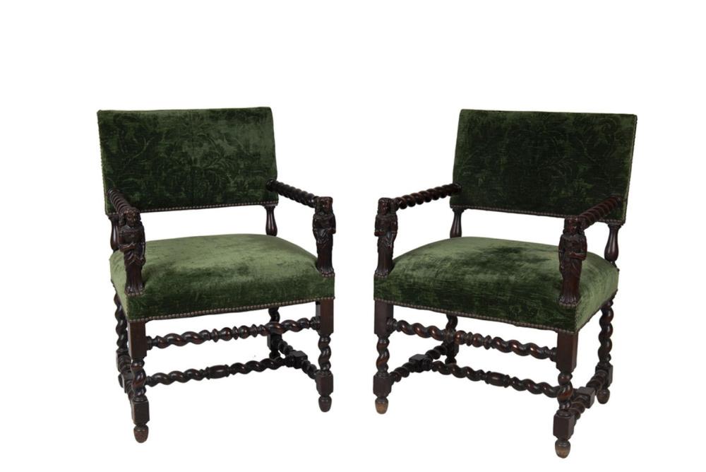 Appraisal: FOUR JACOBEAN STYLE OAK ARMCHAIRSeach with figural terminals and barley