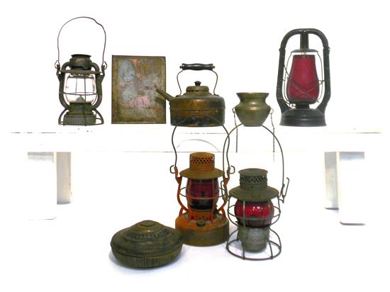 Appraisal: Metalware four glass swing lanterns and four small containers Adams