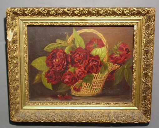 Appraisal: Oil on canvas painting of a basket of roses signed