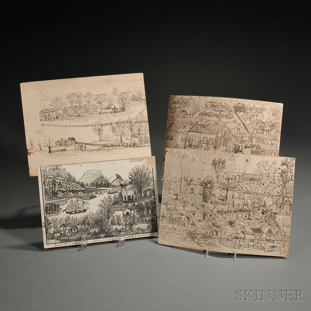 Appraisal: Four Pen and Ink Decorated Cards New Hampshire early th