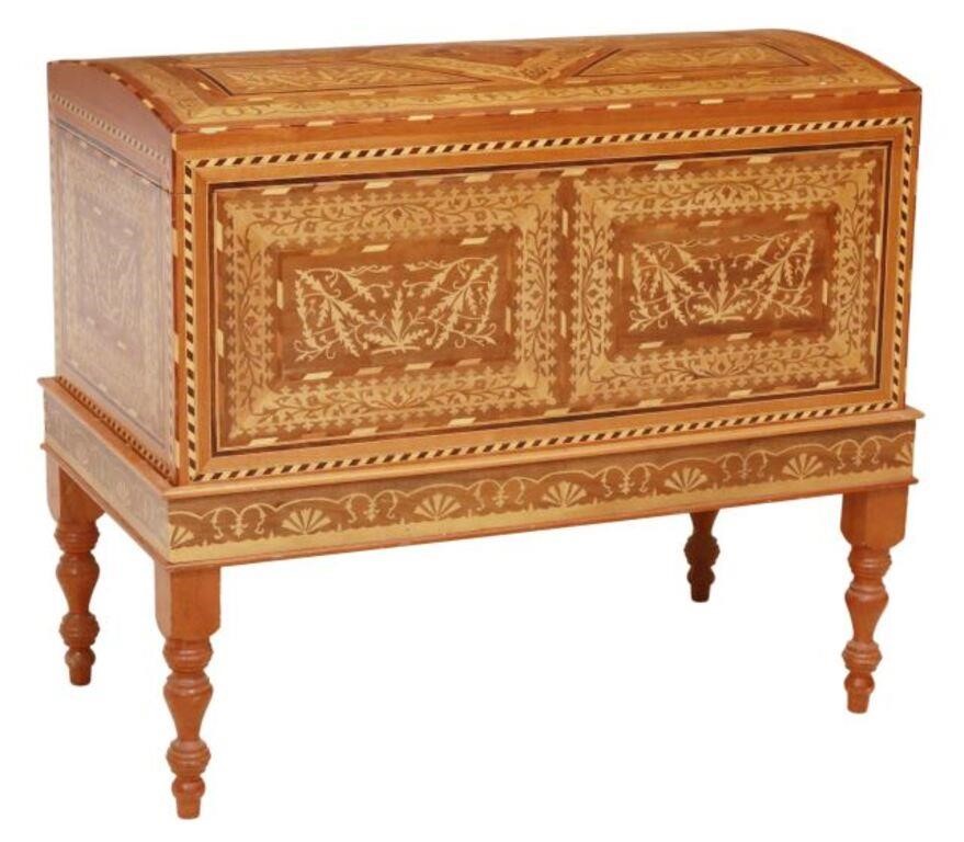 Appraisal: Marquetry inlaid trunk on stand Jose Guadalupe Rodriguez Mejia Santa