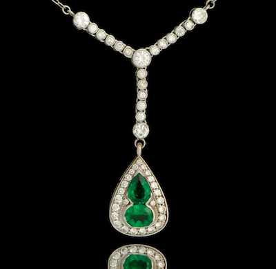 Appraisal: Platinum Emerald and Diamond Necklace Platinum mounted pendant features two