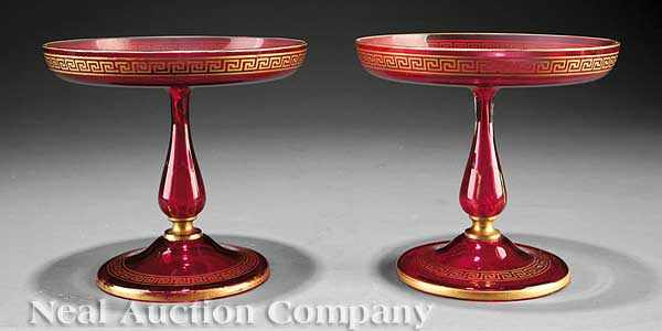 Appraisal: A Pair of Antique Gilt-Decorated Cranberry Glass Tazzas probably Baccarat