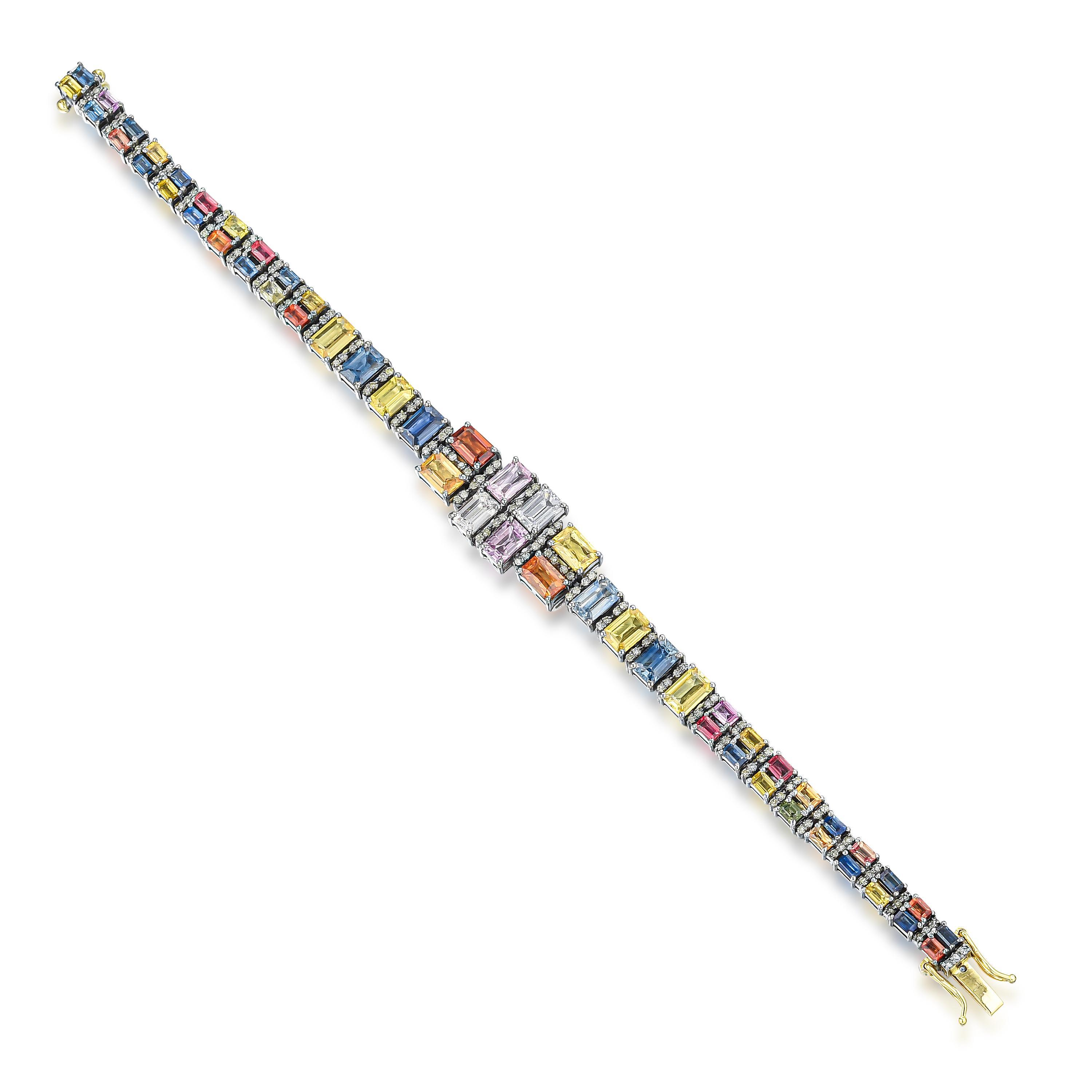 Appraisal: MULTICOLORED SAPPHIRE AND DIAMOND BRACELET METAL silver and K yellow