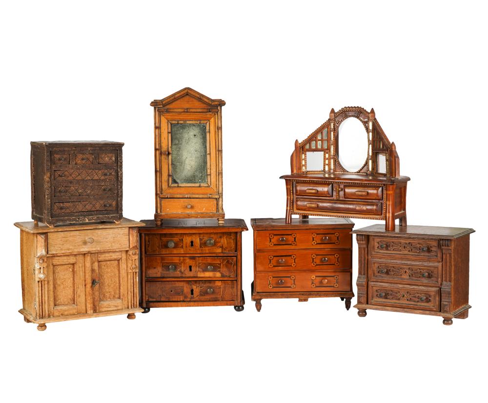 Appraisal: COLLECTION OF MINIATURE FURNITUREcomprising a Continental fruitwood chest of drawers