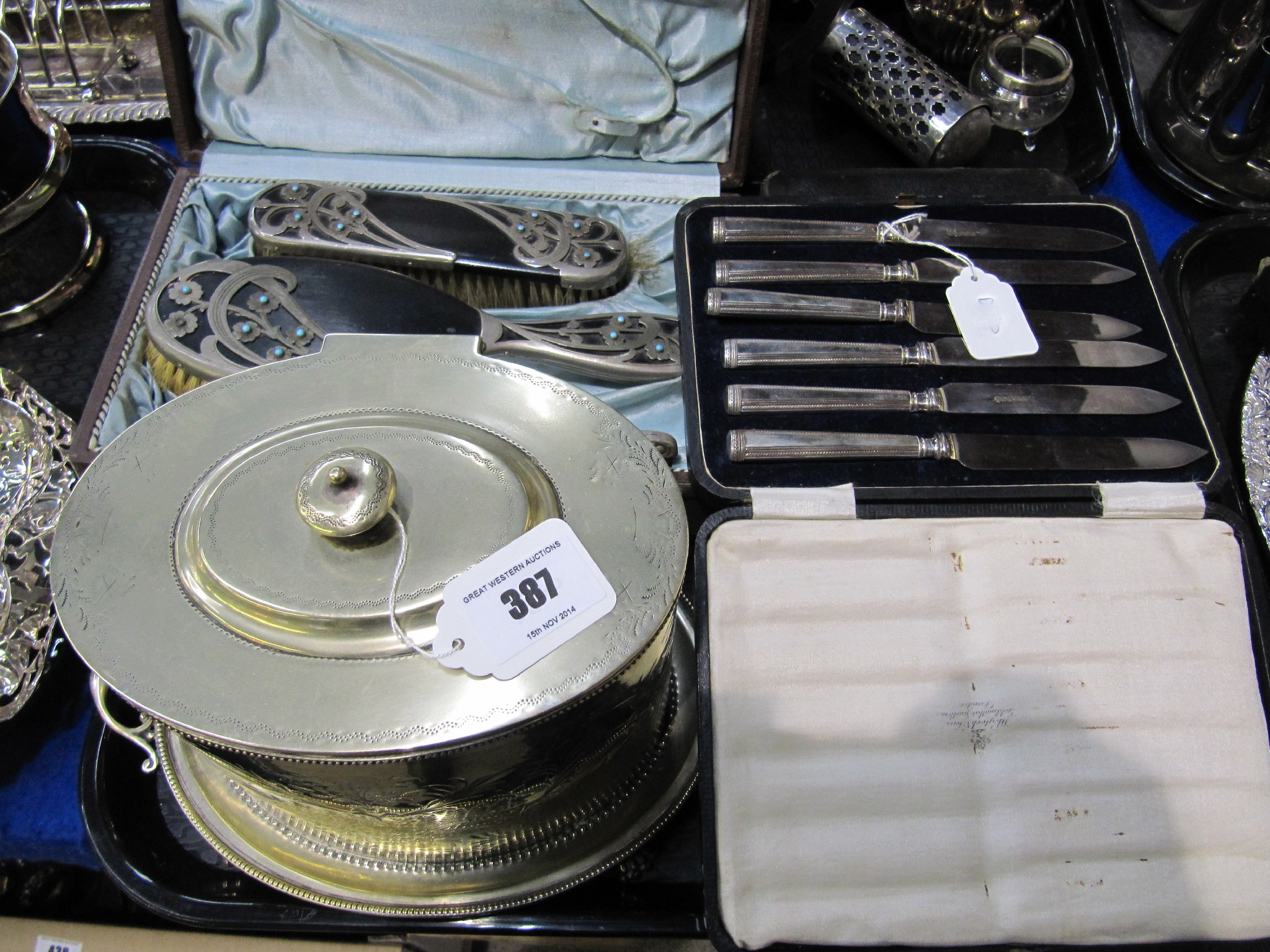 Appraisal: A tray lot of EP - biscuit barrel cutlery dressing