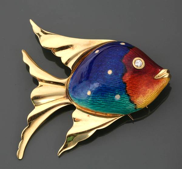 Appraisal: An enamel diamond and k gold brooch Italy in the