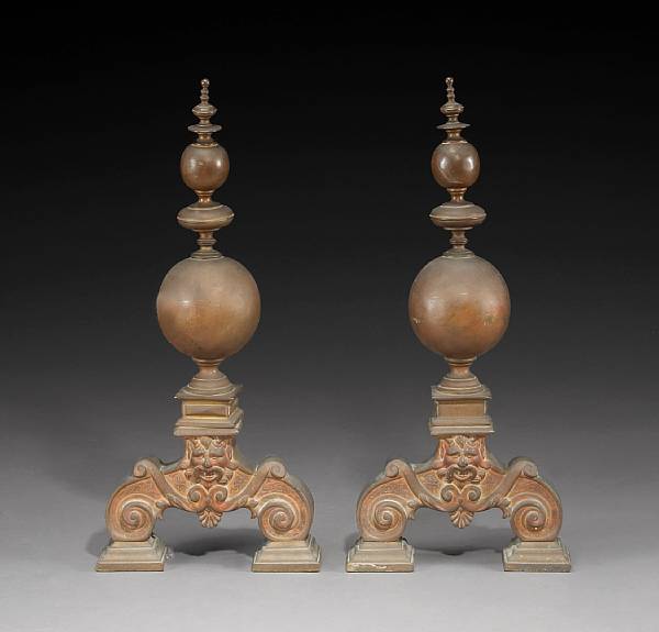 Appraisal: A pair of Baroque style patinated bronze andirons late th