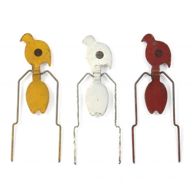 Appraisal: THREE IRON SWINGING BIRD CARNIVAL GALLERY TARGETS Circa painted iron