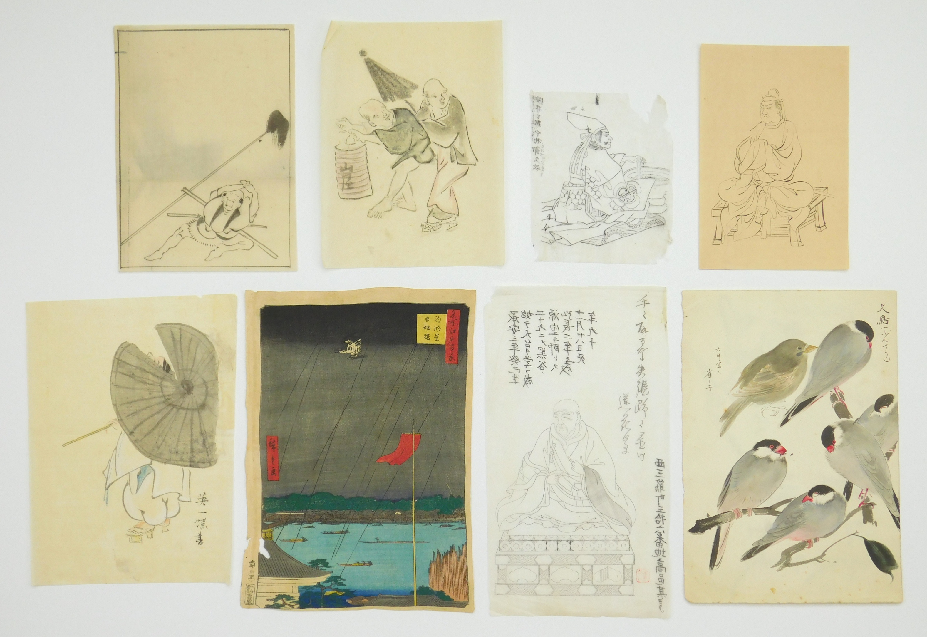 Appraisal: Japanese School Figures Baby Sparrow works on paper some with