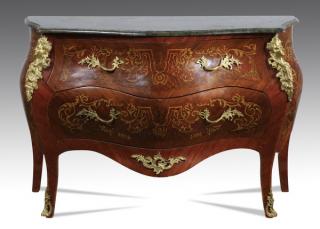 Appraisal: Marquetry inlaid marble top Louis XV style serpentine bombe' commode