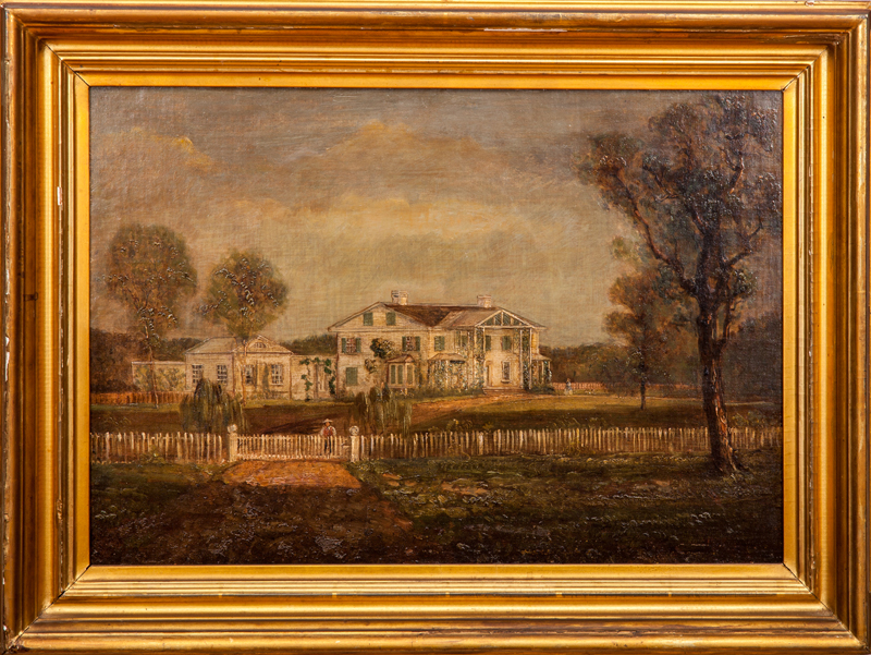 Appraisal: AMERICAN SCHOOL HOUSE WITH A PICKET FENCE Oil on canvas