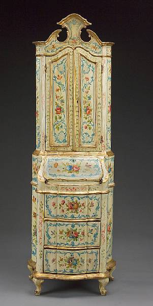 Appraisal: A Venetian Rococo polychrome decorated secretaire In two parts the