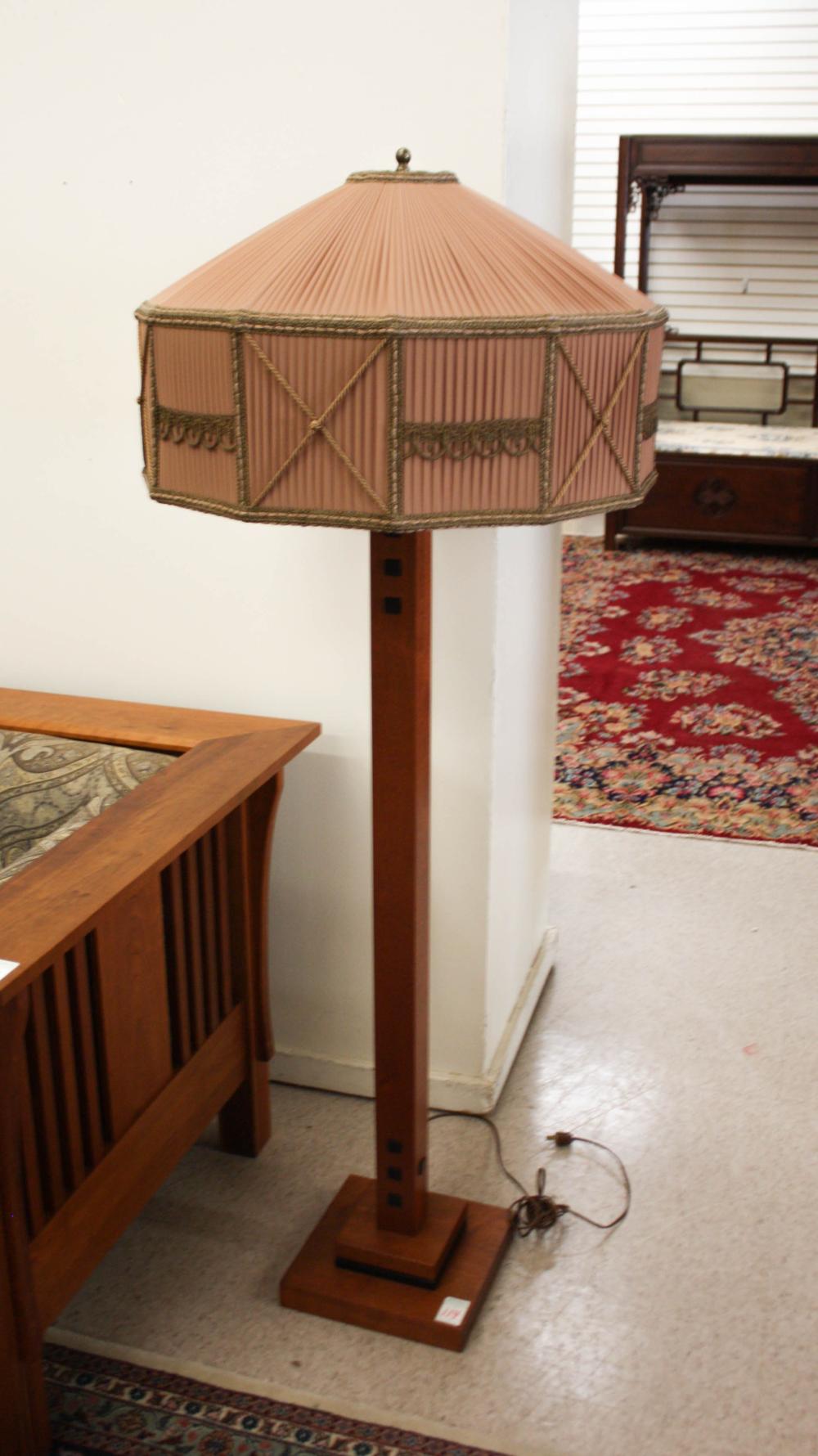 Appraisal: MISSION STYLE CHERRY FLOOR LAMP WITH SHADE The William Morris