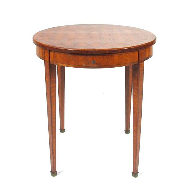 Appraisal: A Neoclassical style parquetry decorated kingwood occasional table height in